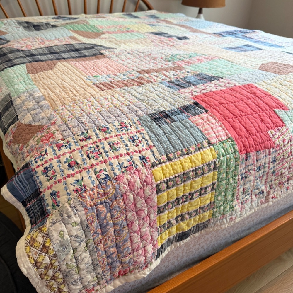 Vintage Handmade Patchwork Crazy Quilt Cotton Scrappy Multi Color 78x67